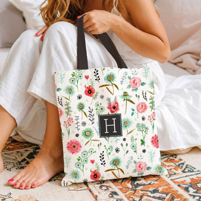 Wildblumen-Muster-Monogramm-Botanik-Markttasche (Wildflower Pattern Monogram Botanical Market Tote Bag)