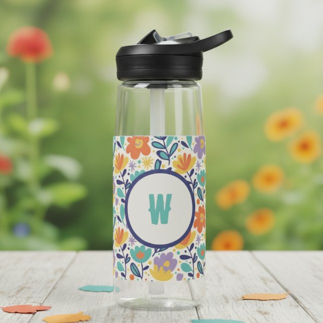 Wildblumen-Muster-Monogramm Trinkflasche (Colorful wildflower water bottle for students heading back to school)