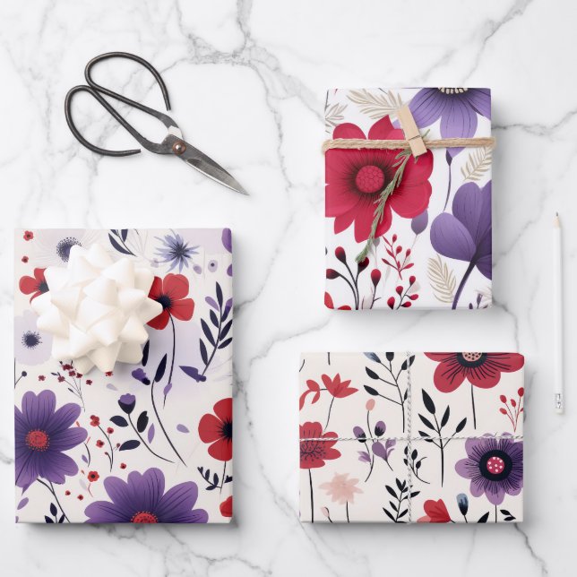 Wildblumen Navy Red Lila Geschenkpapier Set (Vorderseite)