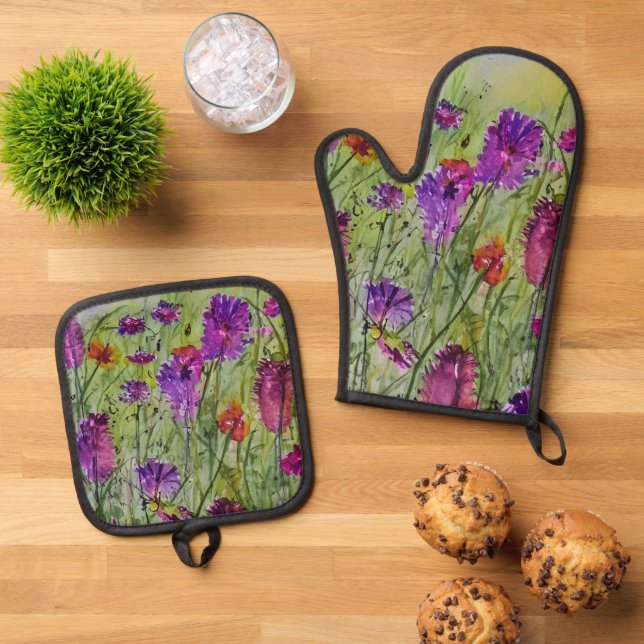 Wildblumen Ofen Mitt und Potholder Set (Oben Unten)