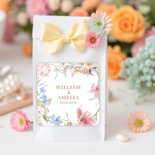 Wildblumen Pastell Florale Gartenparty Hochzeit Quadratischer Aufkleber
