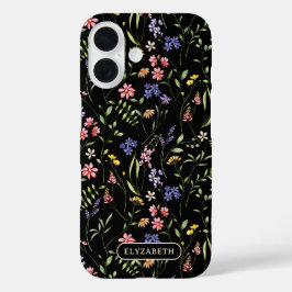 Wildblumen Personalisierter Name Schwarz iPhone 16 Hülle