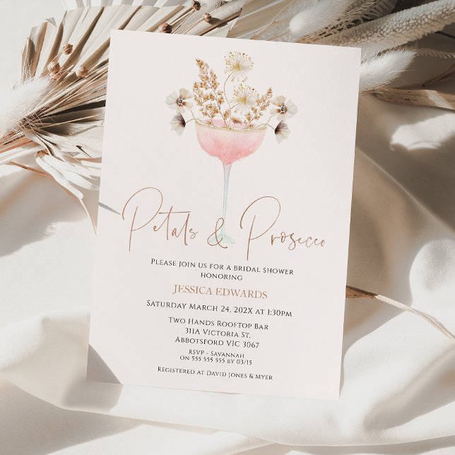 Wildblumen Petals Prosecco Brautparty Einladung (Modern floral petal and prosecco Bridal Shower Invitation, Glass and Flowers Bridal Shower Boho )