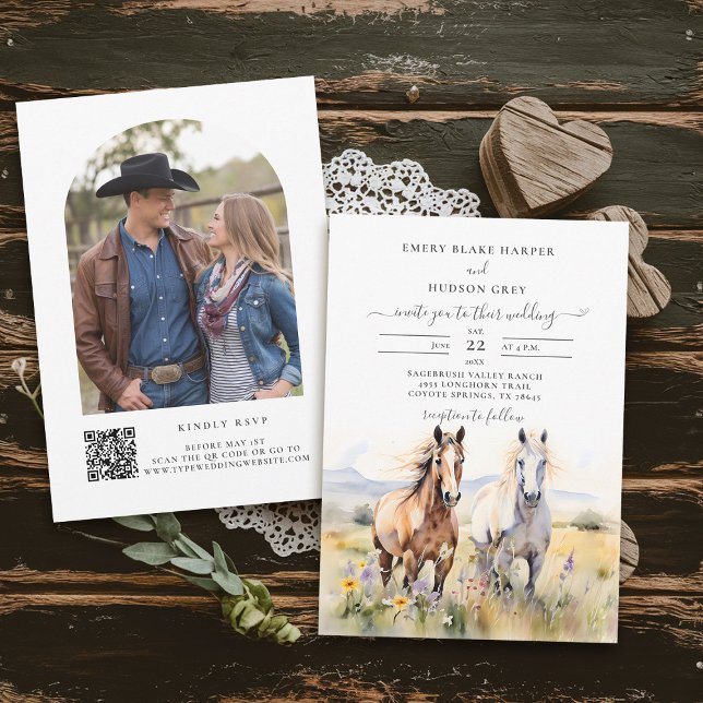 Wildblumen Pferde Malerei Rustikale Hochzeit Einladung (country wedding invitation rustic western barn watercolor cowboy horses wildflowers calligraphy)