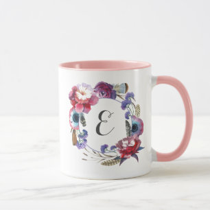 Wildblumen-Pfingstrose-Blumen mit Federn Monogra Tasse