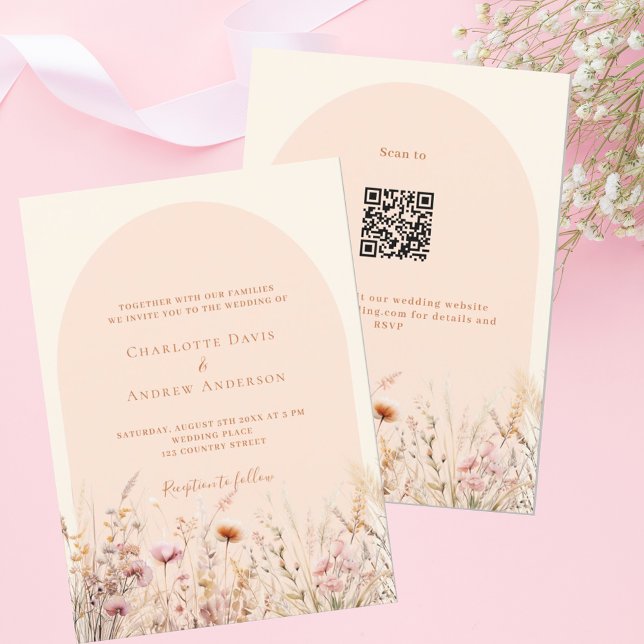 Wildblumen Pfirsichbeige Bogen QR Code UAWG Hochze Einladung (Von Creator hochgeladen)