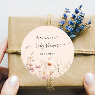 Wildblumen Pfirsichbeige Rosa Babydusche Runder Aufkleber