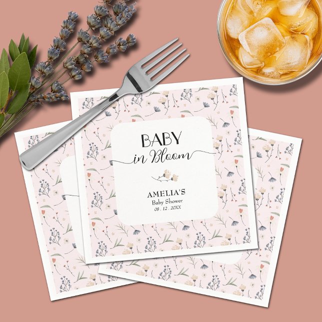 Wildblumen Pink Girl Babydusche Serviette (Baby in Bloom wildflowers on pink girl baby shower napkins)
