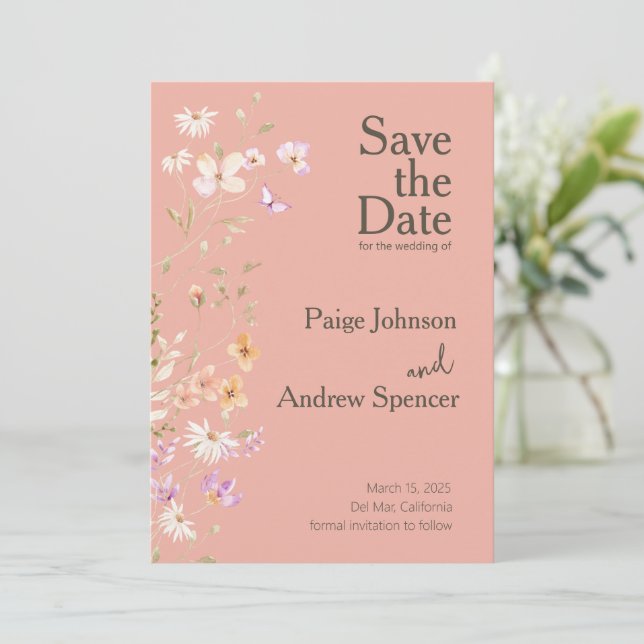 Wildblumen Pinks Wedding Save the Date Einladung (Stehend Vorderseite)