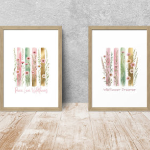 Wildblumen Pinselstriche Wasserfarbe Rosa grünes G Bilderwand Sets