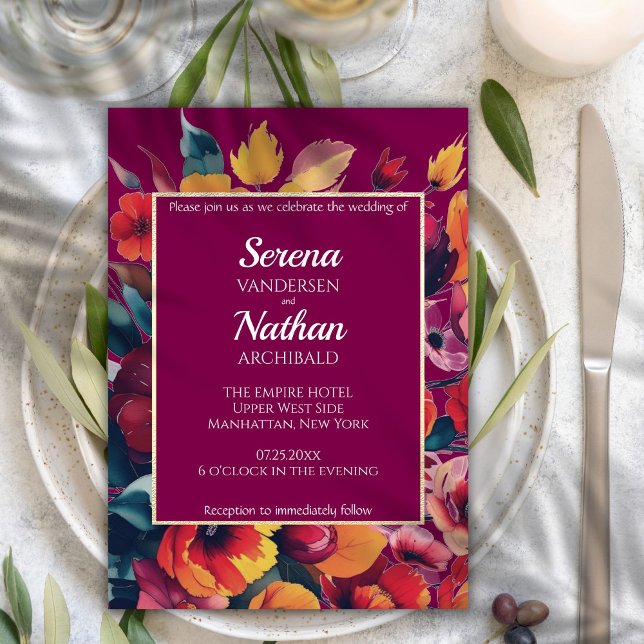 Wildblumen Plum Classic Wedding Einladung (Sparkling gold frame adds a modern touch to these luxe floral wedding invitations in burgundy wine )