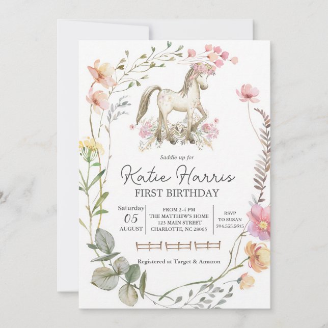 Wildblumen-Pony-Geburtstag Einladung (Vorderseite)
