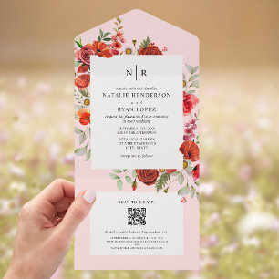 Wildblumen Poppy Red Floral Pink Hochzeit QR UAWG All In One Einladung