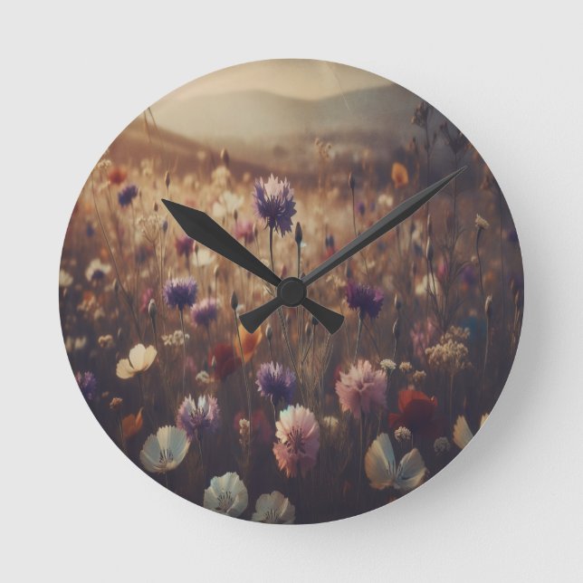 "Wildblumen" Retro, Moody, Runde Wanduhr (Vorderseite)