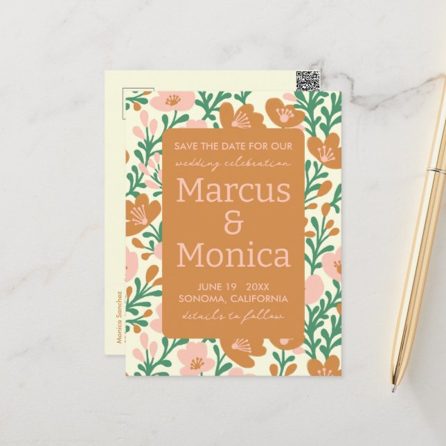Wildblumen Rosa Grüne Gewohnheit Save the Date Postkarte (Vorderseite/Rückseite Beispiel)