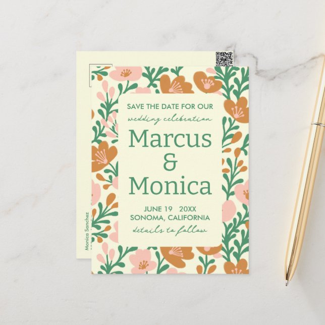 Wildblumen Rosa Grüne Gewohnheit Save the Date Postkarte (Vorderseite/Rückseite Beispiel)