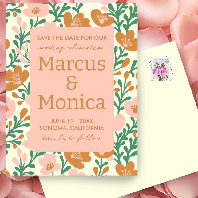 Wildblumen Rosa Grüne Gewohnheit Save the Date Postkarte (Wildflower Vines Pink Green Custom Save the Date Postcard
)