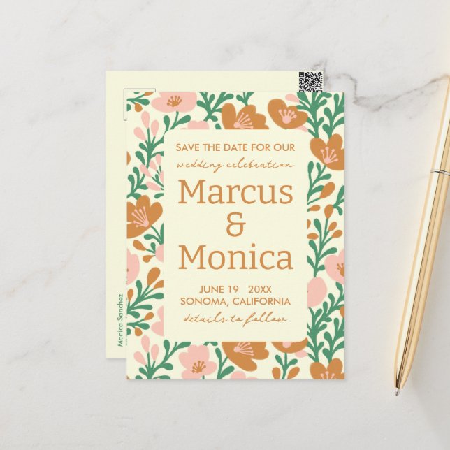 Wildblumen Rosa Grüne Gewohnheit Save the Date Postkarte (Vorderseite/Rückseite Beispiel)