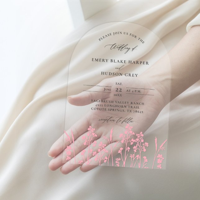 Wildblumen Rosa Moderne Hochzeit Acryleinladungen (clear wedding invitation acrylic boho arch wildflowers sketch pink garden modern calligraphy)