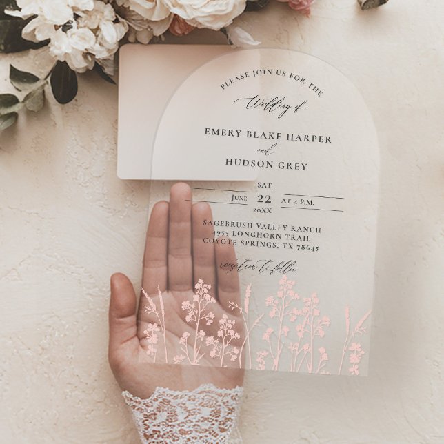 Wildblumen Rosa Modernes Gewölbe Klare Hochzeit Acryleinladungen (clear wedding invitation acrylic boho arch wildflowers sketch pink blush garden modern calligraphy)