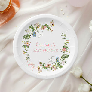 Wildblumen-Rosa-Schleife-Baby-Party Pappteller