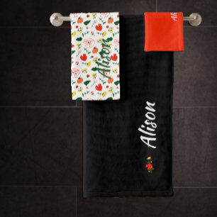 Wildblumen Rot grün, schwarz Badhandtuch Set