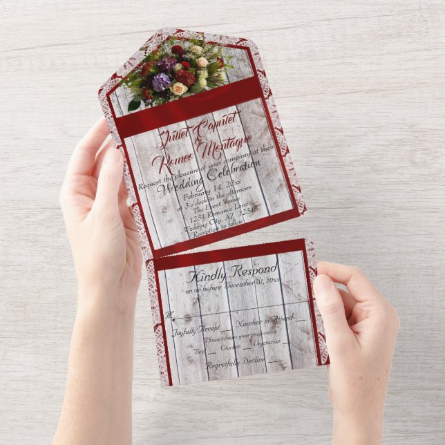 Wildblumen, rotes Band, Spitzen und Lichter All In One Einladung (Abreißen)