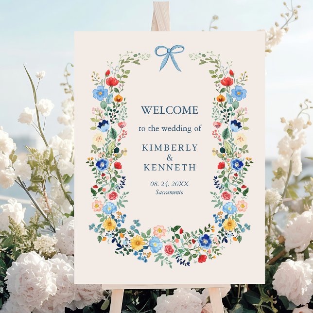 Wildblumen Rustic Blue Bow Wedding Willkommen Poster (Von Creator hochgeladen)