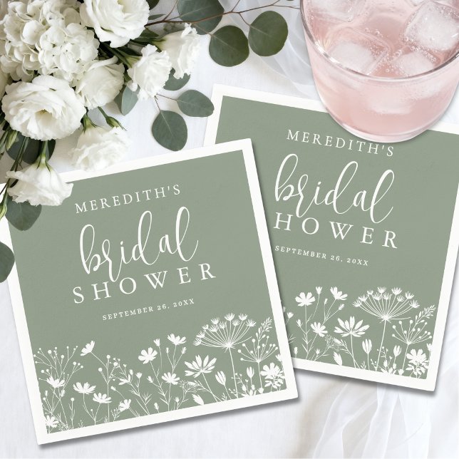 Wildblumen-Sage-Grün-Brautparty Serviette (Wildflower Sage Green Bridal Shower Napkins)