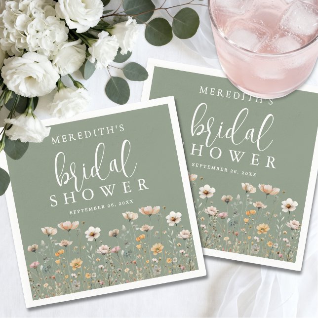 Wildblumen-Sage-Grün-Brautparty Serviette (Wildflower Sage Green Bridal Shower Napkins)