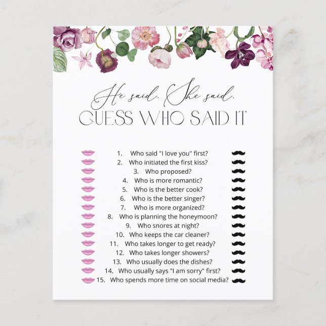 Wildblumen, sagte er, sie sagte Brautparty Game (Vorderseite)