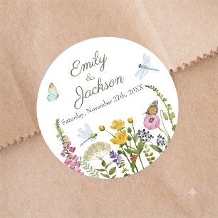 Wildblumen Schmetterling Libelle Aquarell Hochzeit Runder Aufkleber