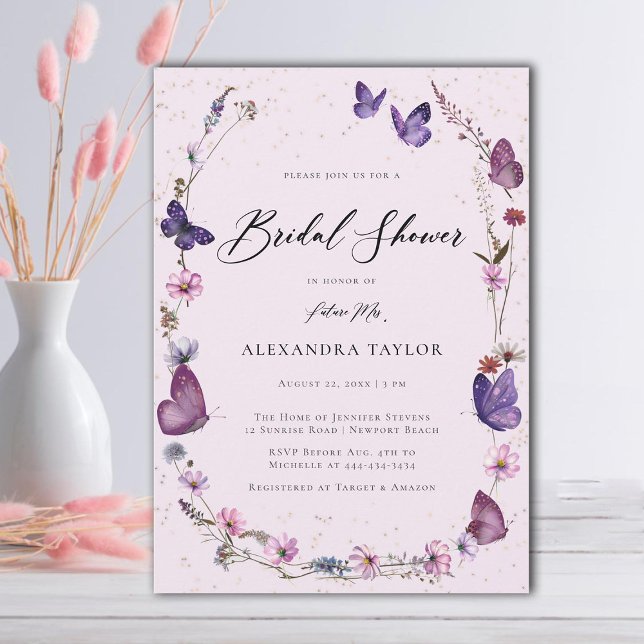 Wildblumen Schmetterlinge Blumenrahmen Brautparty Einladung (butterflies wildflowers boho floral frame pink purple bridal shower invitation elegant rustic chic)