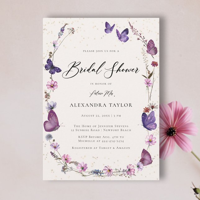 Wildblumen Schmetterlinge Blumenzitat Brautparty Einladung (butterfly wild flowers frame bridal shower invitation boho chic elegant watercolor pink purple gold)