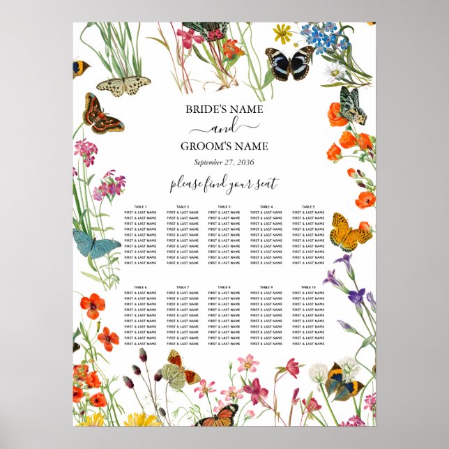 Wildblumen Schmetterlinge Hochzeitskarte Poster (Vorne)