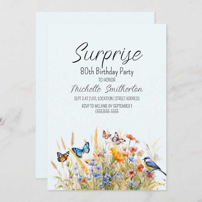 Wildblumen Schmetterlinge Vögel Überraschung 80. Einladung (Vorne/Hinten)
