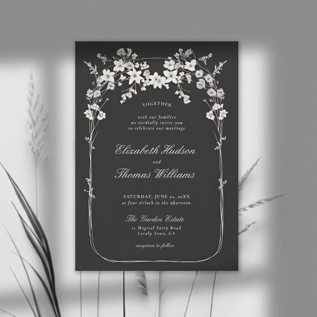 Wildblumen Schwarz-weiß Boho Arch Elegante Hochzei Einladung (wildflowers wedding invitation black and white boho arch formal elegant modern classic)