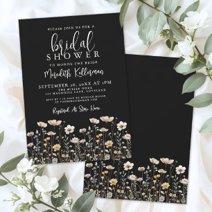 Wildblumen Schwarze Elegante Hochzeitsdusche Einladung