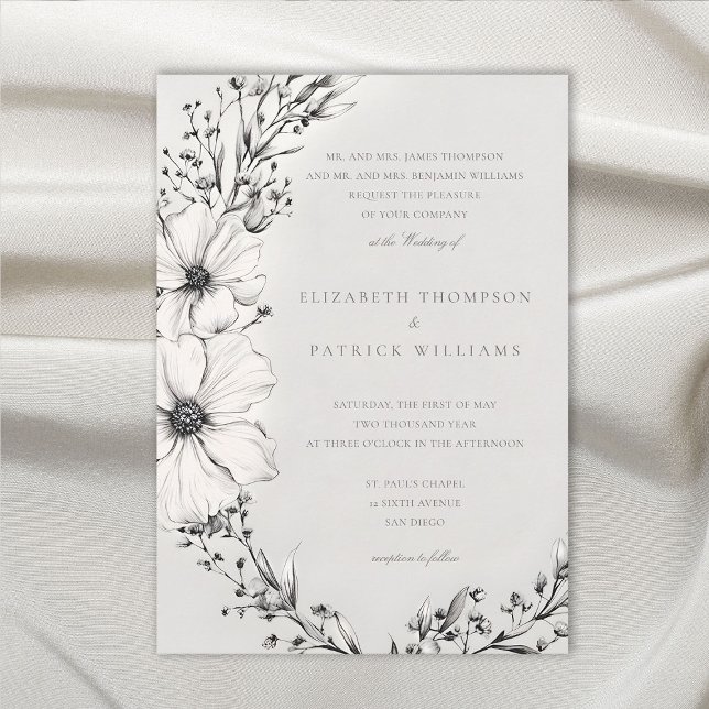 Wildblumen Schwarzes Elfenbein - Traditionelle Hoc Einladung (wildflowers wedding invitation black and white wreath formal elegant modern classic romantic)