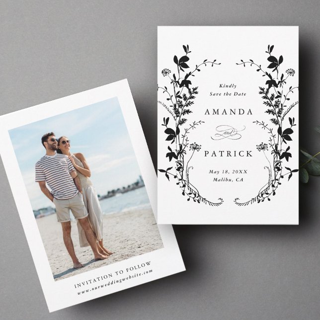 Wildblumen Silhouette Hochzeit Foto Schwarz & Weiß Save The Date (Front & Back)