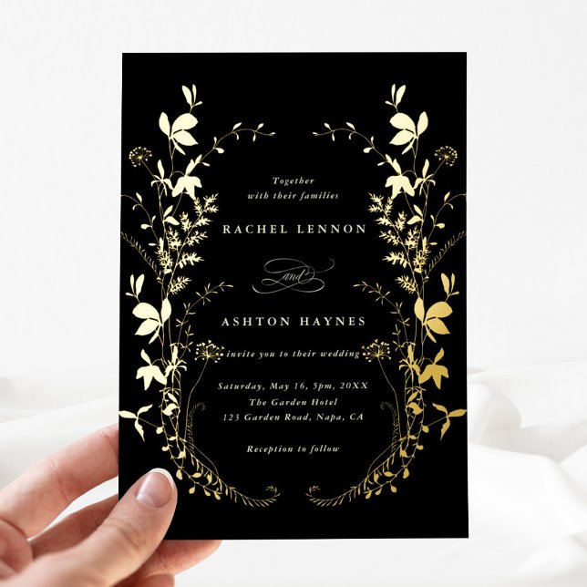 Wildblumen Silhouette Wreath Black Wedding Gold Folieneinladung (Von Creator hochgeladen)