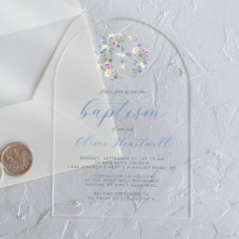 Wildblumen Silver Cross Blue Script Boy Taufe Acryleinladungen
