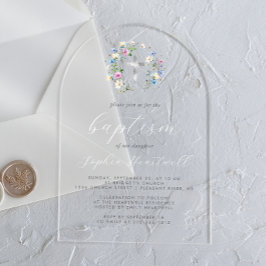 Wildblumen Silver Cross White Script Taufe Acryleinladungen