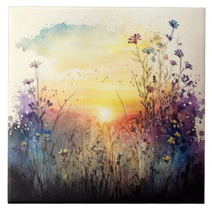 Wildblumen-Sonnenuntergang-Aquarell-Kunstwerk Fliese