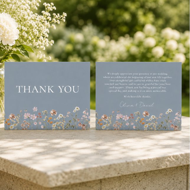 Wildblumen-Staubblau-Boho-Hochzeit Dankeskarte (Von Creator hochgeladen)