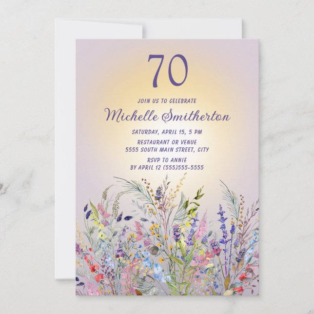 Wildblumen Sun Lila Women's 70. Geburtstag Einladung (Vorderseite)
