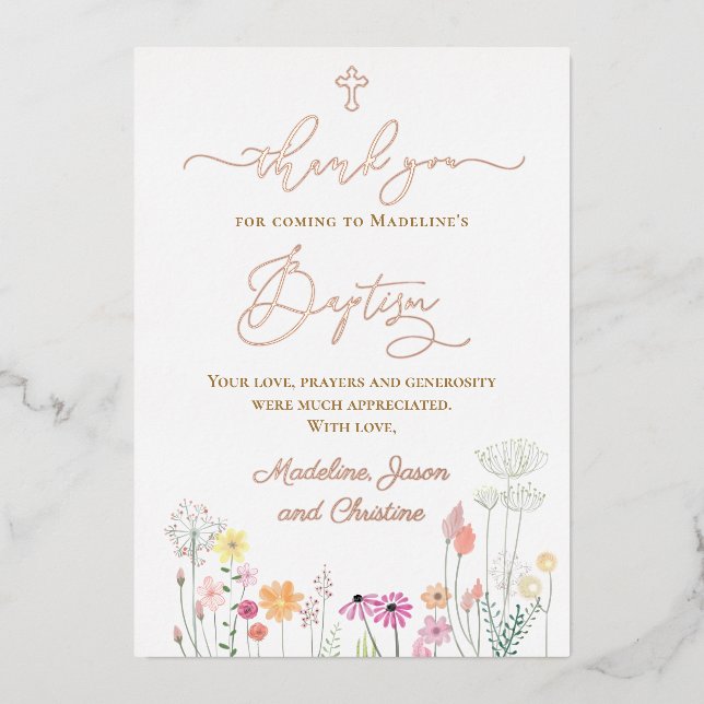 Wildblumen Taufe danke für das Kommen Folieneinladung (Vorderseite)