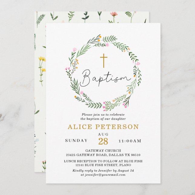 Wildblumen Taufe Mädchen Einladung (Vorne/Hinten)