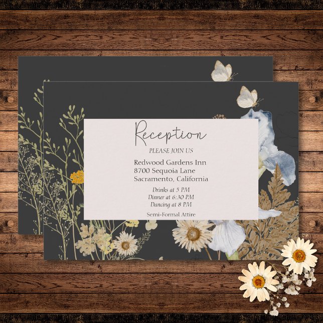 Wildblumen über die Hochzeitsempfehlung mit Holzko Begleitkarte (Wildflowers on Charcoal Wedding Reception Enclosure Card)