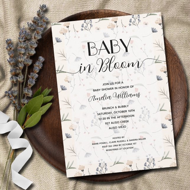Wildblumen über Elfenbeinbaby im Blütendusche Einladung (Baby in Bloom wildflowers on ivory shower invitations - INSTANT DOWNLOAD and/or PRINTED)